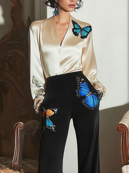 Elegant Butterfly Print V Neck Blouse, Apricot, Blouses and Shirts