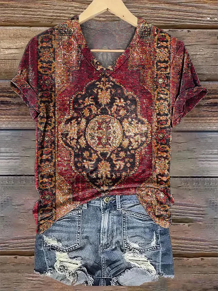 

Vintage ethnic tattoo pattern Art print Casual printed cotton round neck T-shirt, Brown, T-shirts