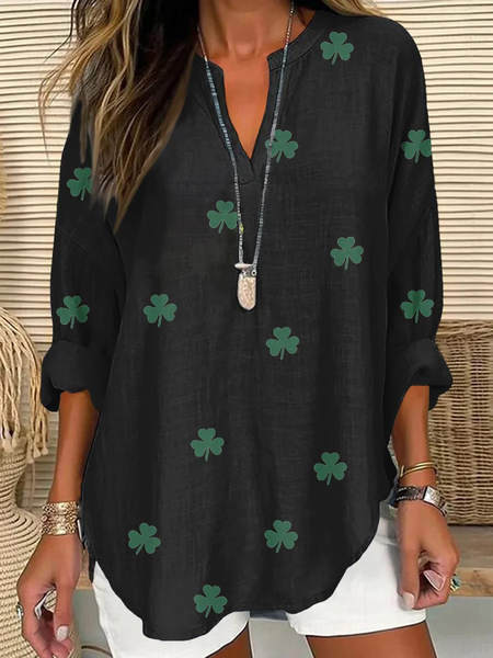 

Women's St. Patrick's Day Shamrock Print V Neck Long Sleeve Shirt Top, Black, Blouses