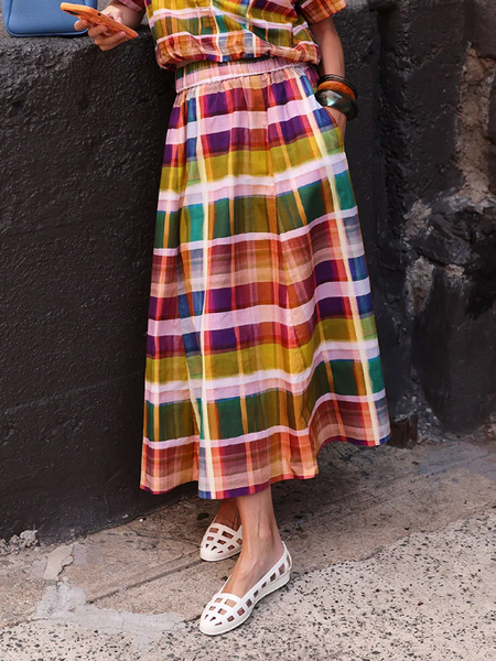 Casual Printing Plaid Midi Skirt, As picture, Skirts