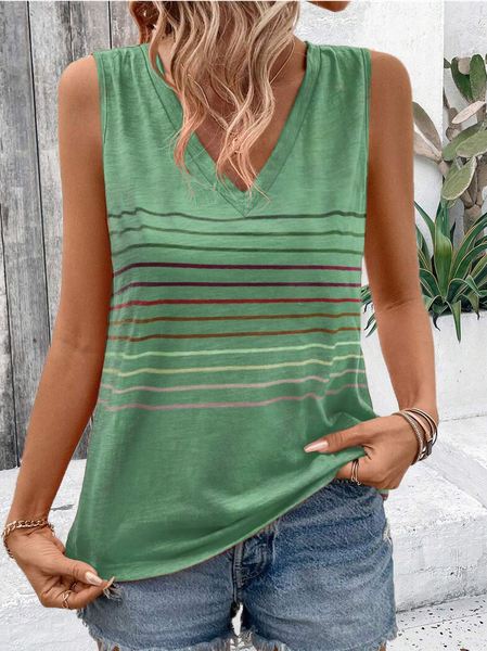 Striped Casual V Neck Loose Tank Top, Green, Tank Tops