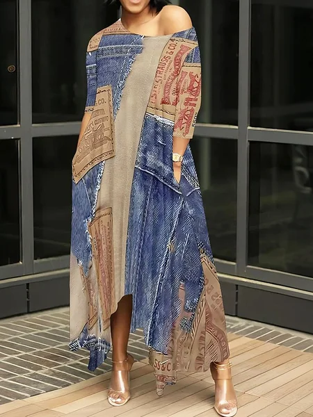 

Casual Random Print Off Asymmetrical printing Maxi Dress, As picture, Maxi Dresses