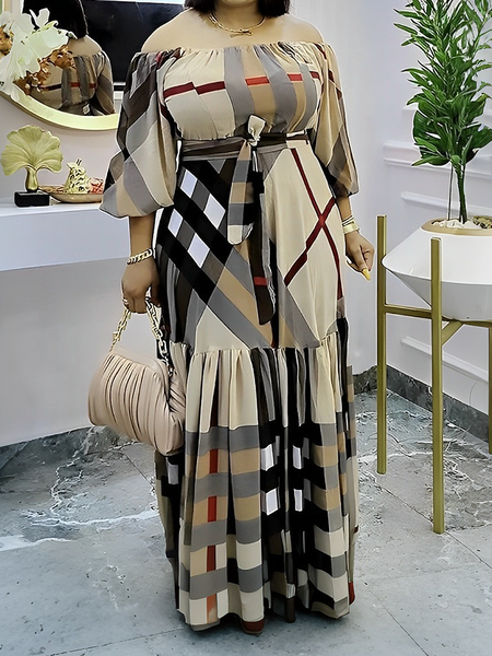 

Elegant Plaid Loosen Maxi Dress With Belt, As picture, Maxi Dresses