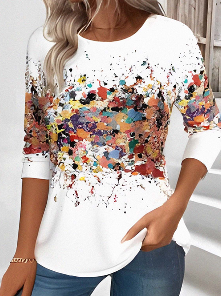 

Casual Long Sleeve Round Neck T-Shirt, White, Long sleeves