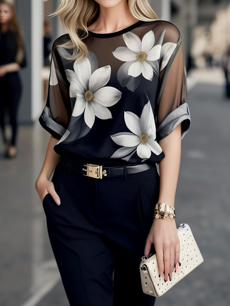 

Casual Floral Printing Crew Neck Blouse, As picture, Blouses and Shirts