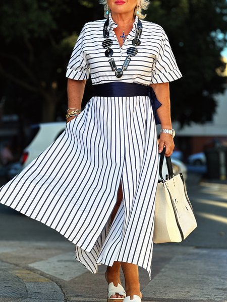 

Casual Striped Shirt Collar Maxi Shirt Dress With Belt, White, Maxi Dresses