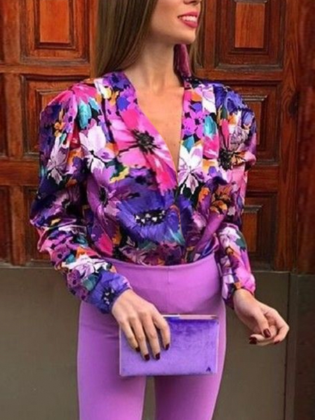 

Urban Floral Printing Puff Sleeve Shirt, As picture, Blouses and Shirts