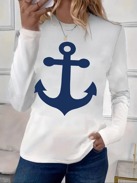 

Women's Long Sleeve Tee T-shirt Spring/Fall Anchor Printing Crew Neck Casual Graphic Tee Top, White, T-Shirts