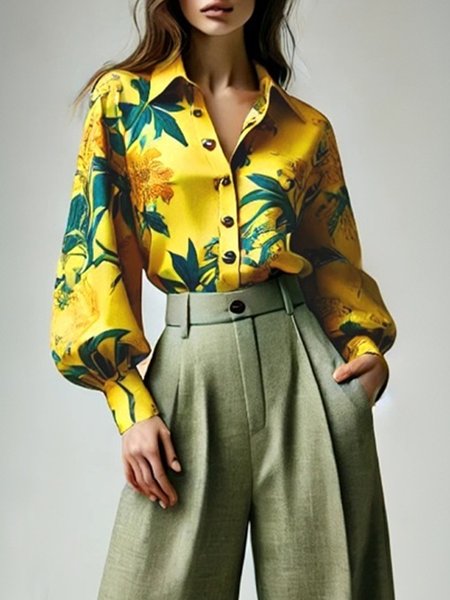 Urban Floral Printing Loosen Shirt, Yellow, Blouses and Shirts