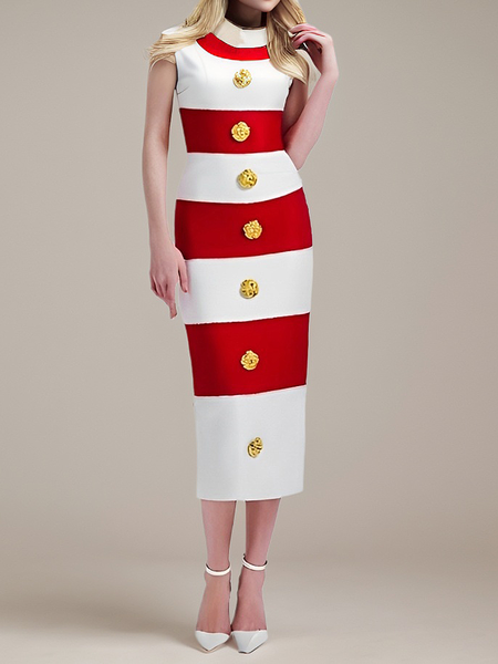 Elegant Striped Button Midi Dress, As picture, Midi Dresses