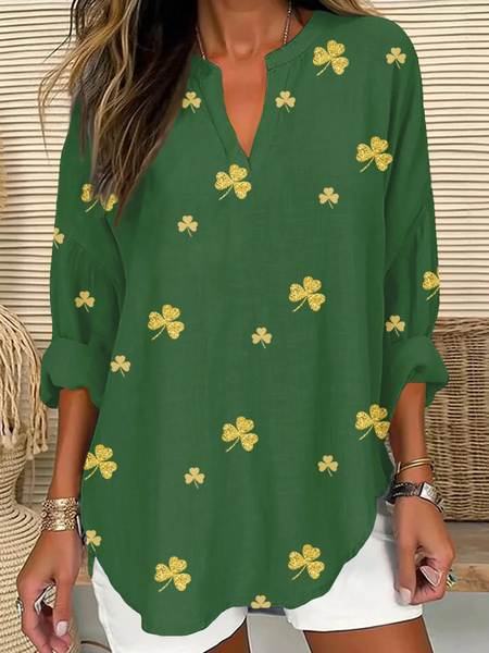 

Women's St. Patrick's Day Shamrock Print V Neck Long Sleeve Shirt Top, Green, Blouses