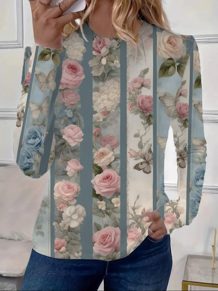 

Casual Floral Crew Neck Long Sleeve T-shirt, As picture, T-shirts