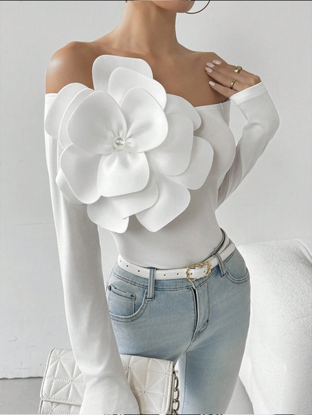 

Plus Size Urban Imitation Pearls 3D Floral Off The Shoulder Blouse, White, Plus Tops