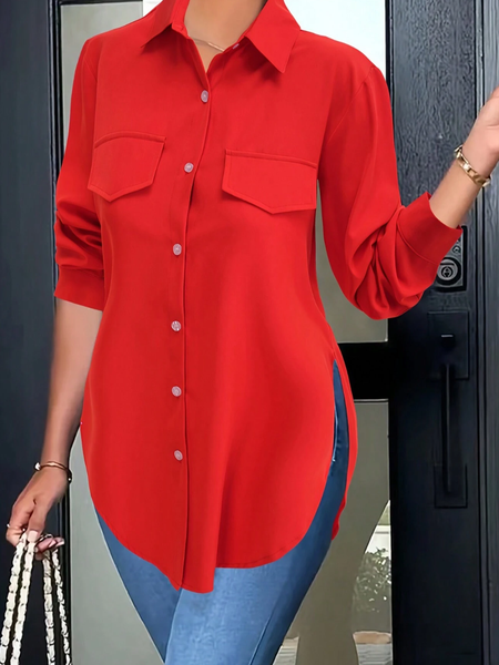 Cotton Casual Plain Shirt Collar Shirt, Red, Blouses and Shirts
