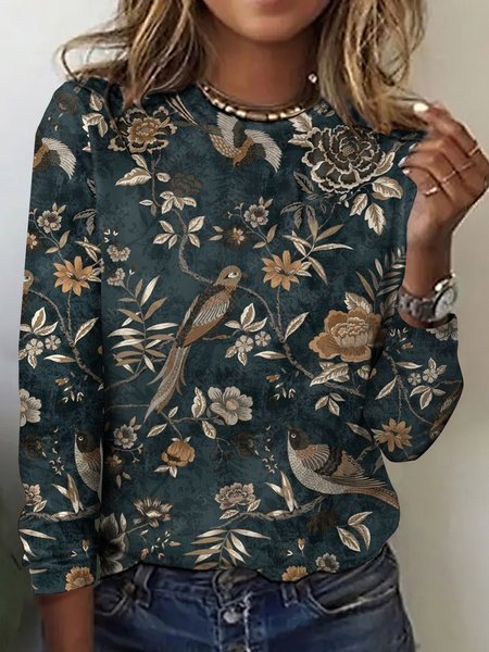 

Vintage Flower and Bird Pattern Long Sleeve T-shirt, Dark blue, Long sleeves