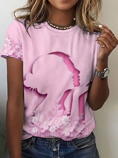 Casual Floral Crew Neck Short Sleeve T-shirt, Pink, T-shirts
