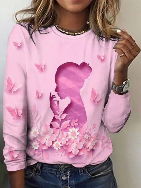 Casual Animal Crew Neck Long Sleeve T-shirt, Pink, T-shirts