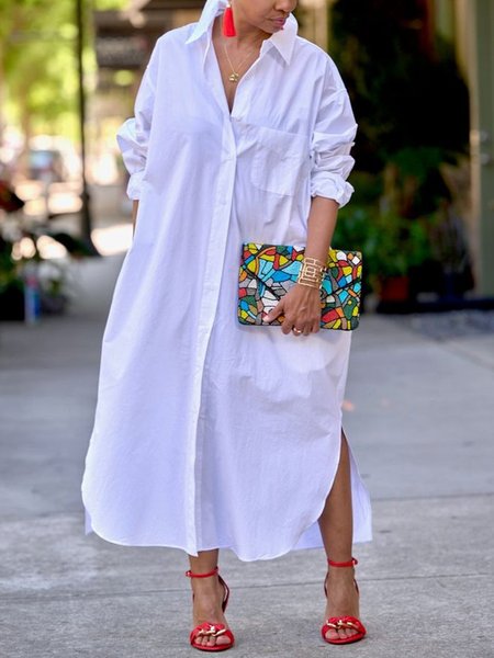

Urban Plain Side-Slit Shirt Collar Midi Dress, White, Midi Dresses