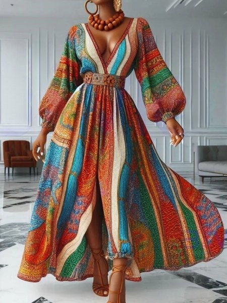 

Vacation Ethnic Patterns Balloon Sleeve Printing V Neck Maxi Dress, As picture, Maxi Dresses