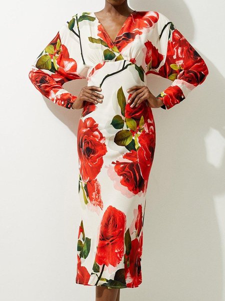 

Elegant Floral Raglan Sleeve Printing V Neck Midi Dress, As picture, Midi Dresses