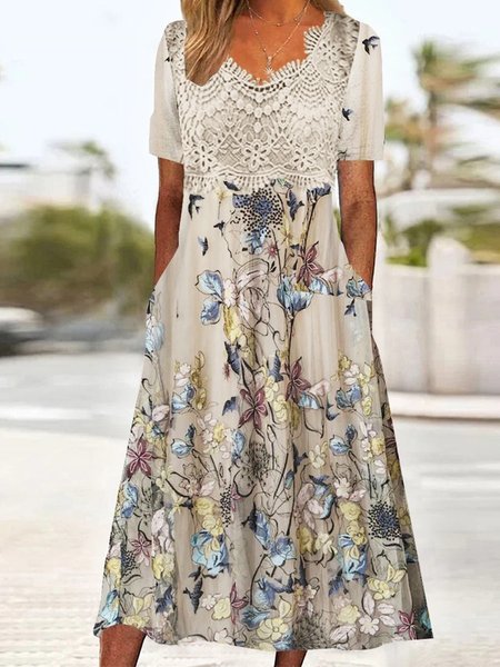 

Women's Short Sleeve V Neck Pattern Lace Panel Printed Midi Dress, As picture, Dresses
