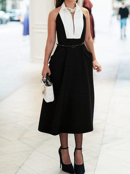 

Elegant Color Block Halter Midi Dress No Belt, Black-white, Midi Dresses