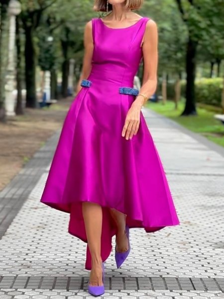 Elegant Satin Plain Crew Neck Maxi Dress, Rose red, Maxi Dresses