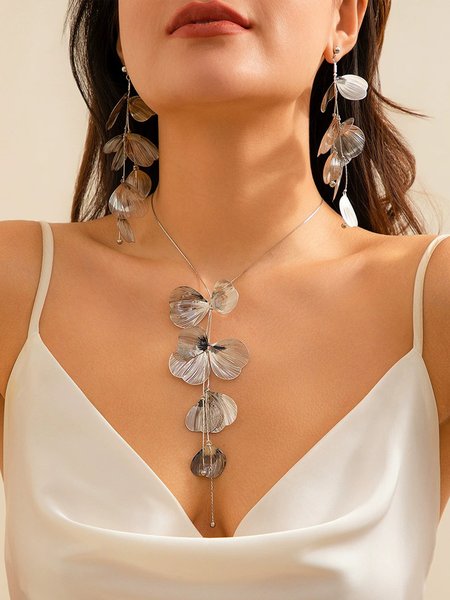 

Elegant Floral Chain Necklaces Dangle Set, Silver, Necklaces