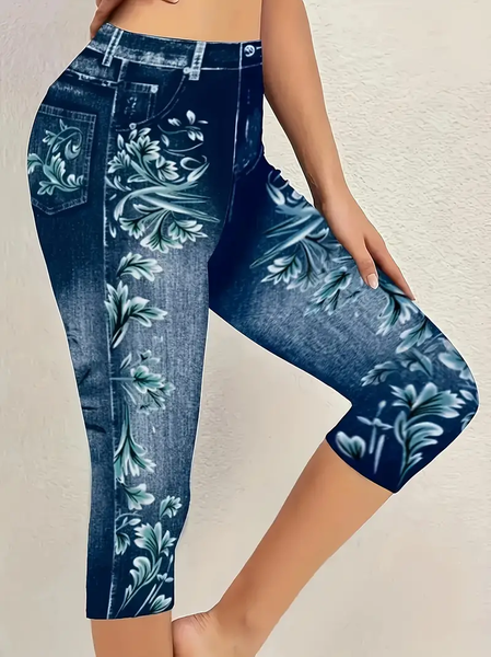 

Women's Trousers Elastic Waist Legging Daily Going Out Casual Floral Summer Pants, Purplish blue, Leggings