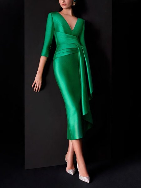 

Elegant Asymmetric V Neck Midi Dress, Green, Midi Dresses