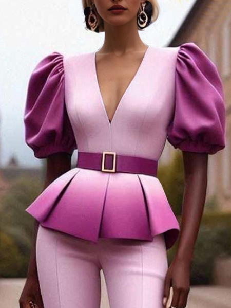 

Urban Ombre Printing Puff Sleeve Blouse With Belt, As picture, Blouses and Shirts