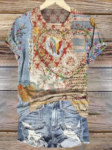 Casual Floral Crew Neck Short Sleeve T-shirt, Light blue, T-shirts