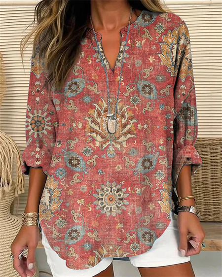 Simple Loose Cotton-Blend Floral Shirt, Red brown, Blouses
