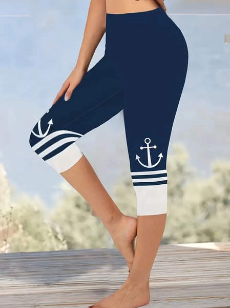 

Women's Anchor Stripe Print Casual Leggings, Purplish blue, Leggings