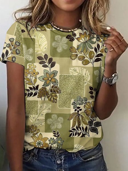 

Casual Geometric Crew Neck Short Sleeve T-shirt, Lightgreen, T-shirts