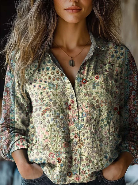 

Women's vintage floral print casual long sleeve comfortable shirt, Green, Blouses