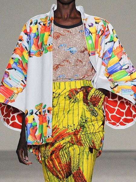 

Urban Bell Sleeve Printing Painting Stand Collar Jacket, As picture, Kimonos