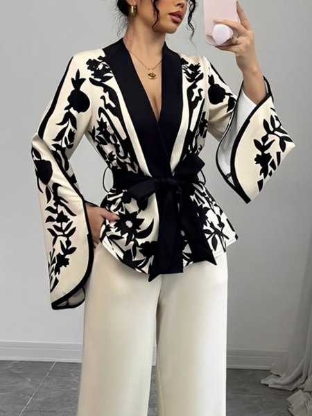 

Elegant Split Sleeve Floral V Neck Kimono With Belt, As picture, Kimonos