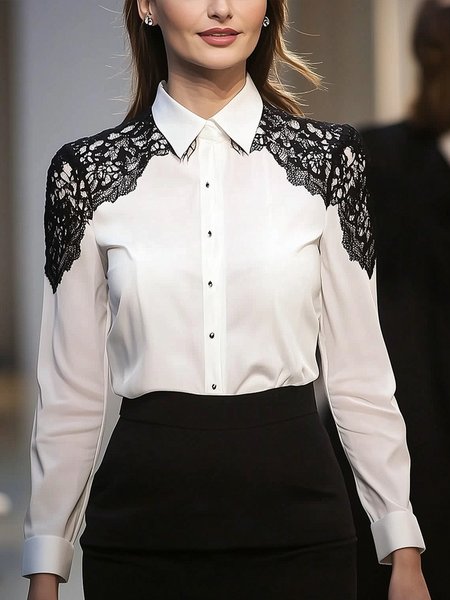 

Urban Plain Lace Edge Shirt Collar Shirt, White, Blouses and Shirts