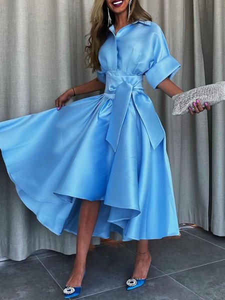 

Elegant Raglan Sleeve Asymmetric Shirt Collar Midi Party Dress With Belt, Blue, Midi Dresses