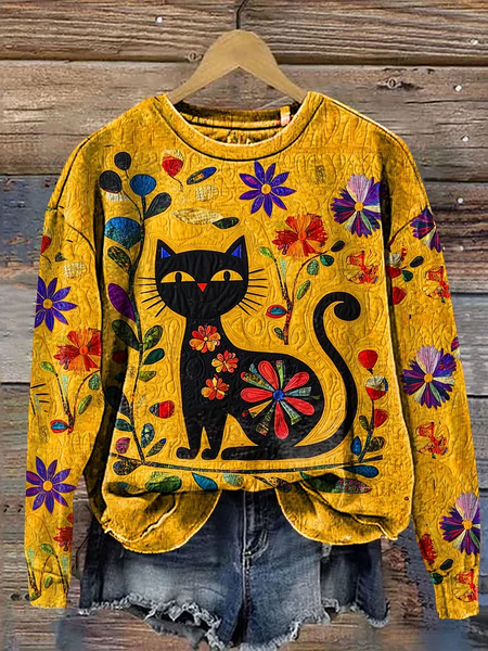 Cat Chorus Art Print Casual Sweatshirt, Yellow, Hoodies&Sweatshirts