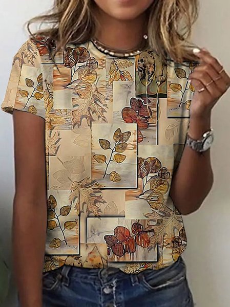 

Casual Geometric Crew Neck Short Sleeve T-shirt, Apricot, T-shirts