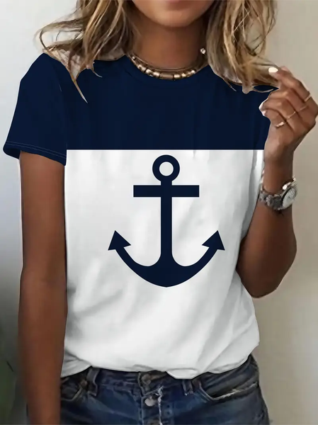 

Casual Anchor Print Crew Neck Short Sleeve T-shirt, As picture, T-shirts