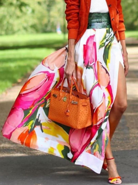 Vacation Printing Floral Maxi Skirt No Belt, As picture, Skirts