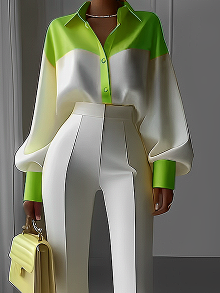 Satin Urban Balloon Sleeve Color Block Shirt, Green, Blouses and Shirts