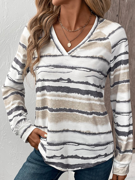 Women Striped V Neck Casual Long Sleeve T-shirt, As picture, Long Sleeves