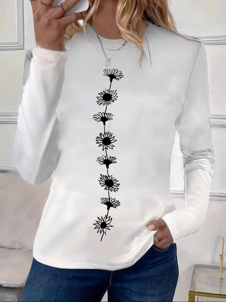 Casual Floral Crew Neck Long Sleeve T-shirt, White, T-shirts