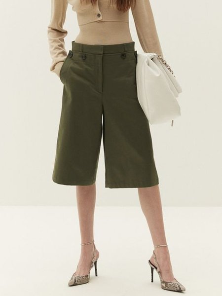 

Urban Plain Buttoned Capris Wide Leg Pants, Army green, Pants