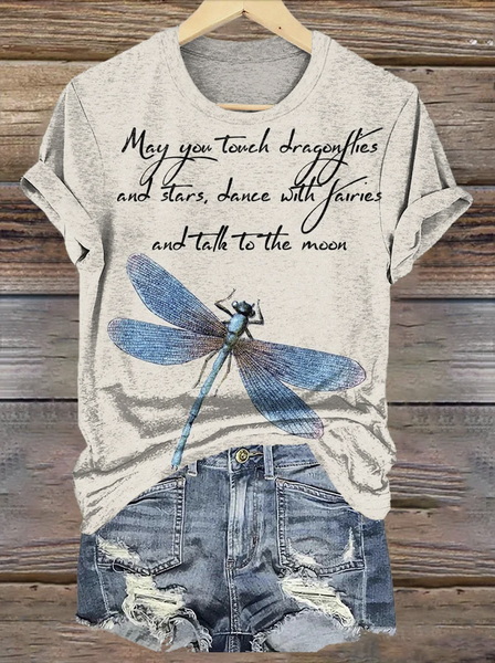 

Casual Dragonfly Pattern Crew Neck Short Sleeve T-shirt, Apricot, T-shirts