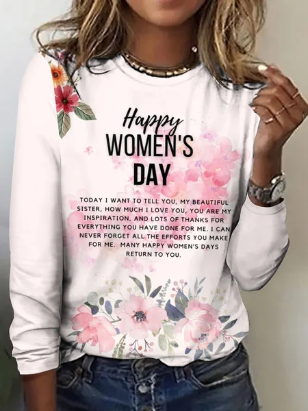 Casual Floral Crew Neck Long Sleeve T-shirt, Pink, T-shirts